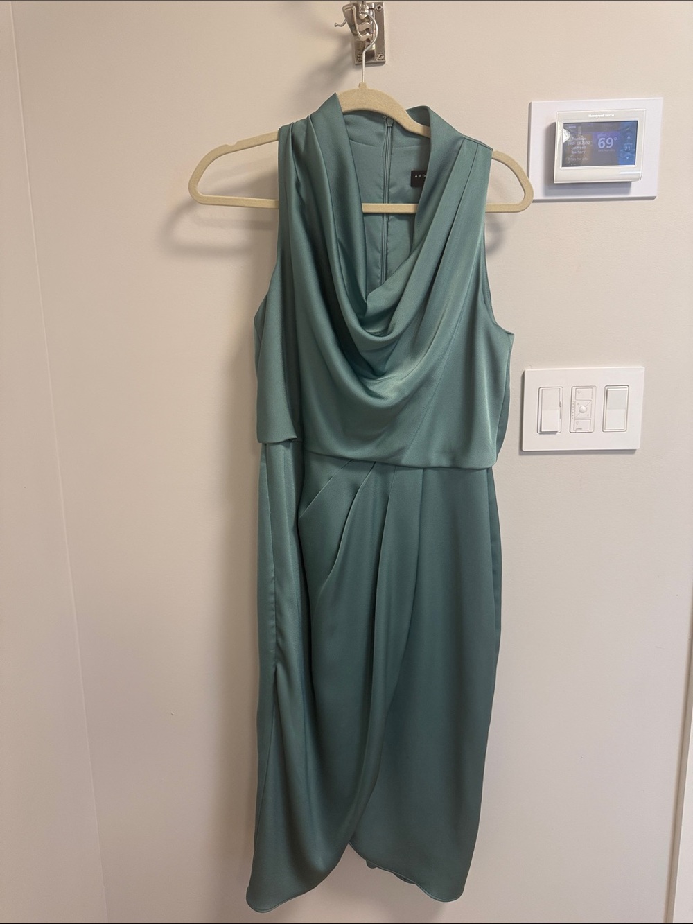 Aidan Mattox Draped Cowl Midi Dress in Sage